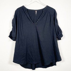 Free People Black Smocked Shoulder Oversized Top L